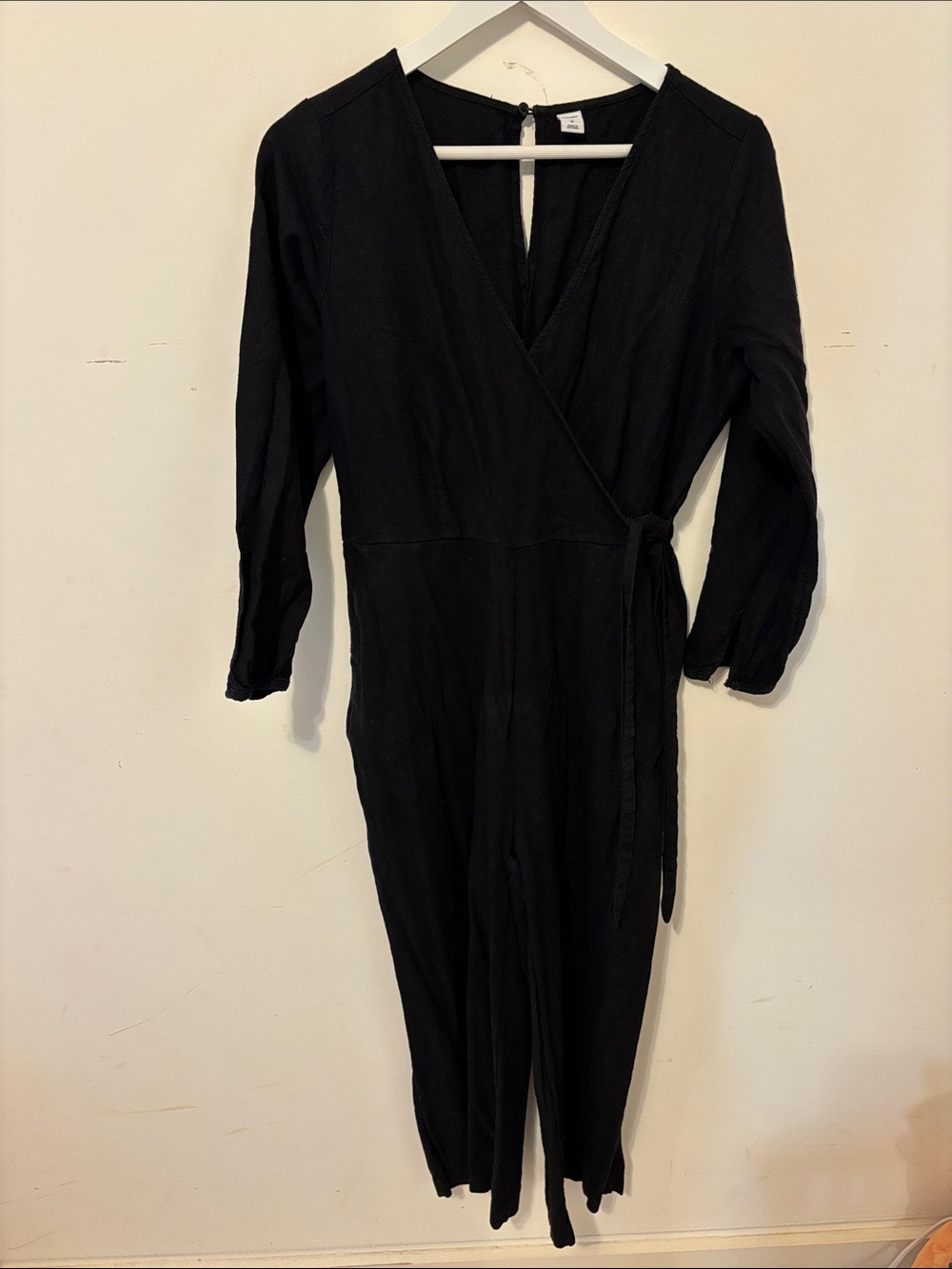 Linen Blend Black Wrap Jumpsuit with Tie Waist